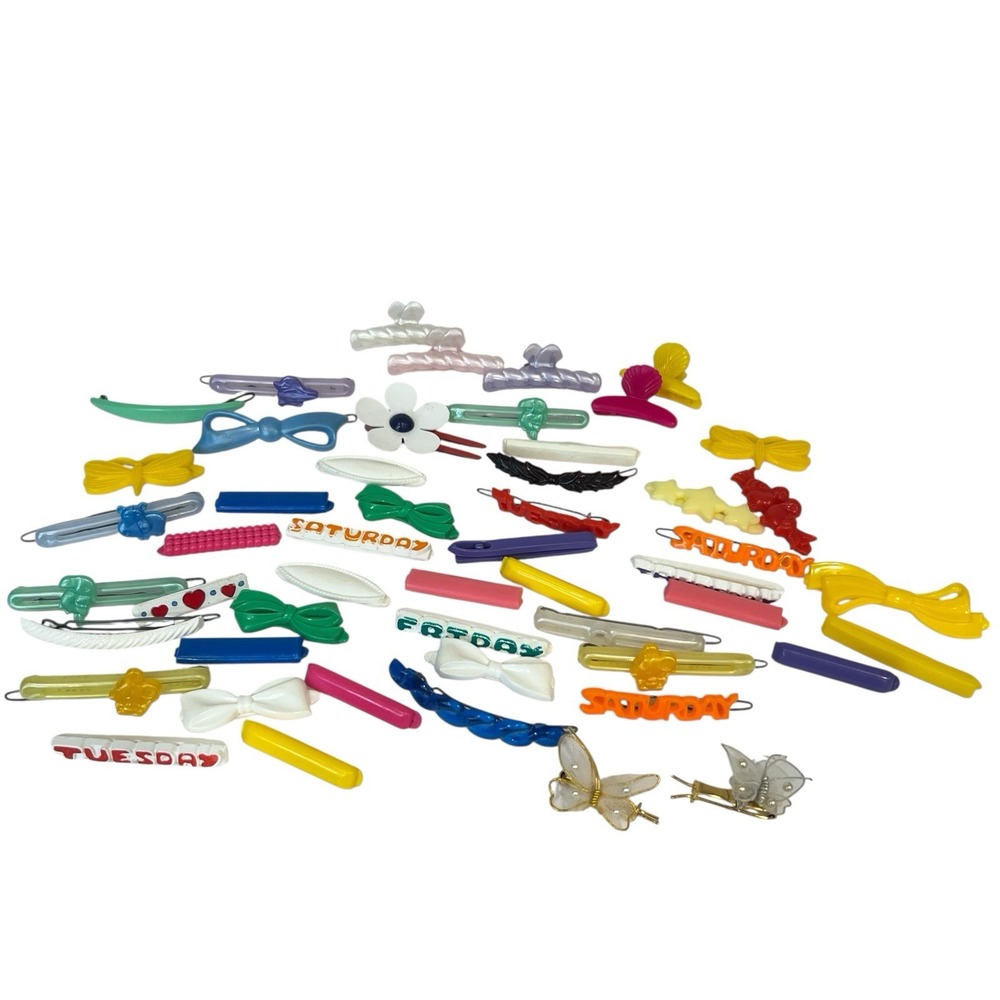 VTG 80s Plastic Metal Barrettes Hair Clips Animals Butterflies Bow 90s Lot Of 50